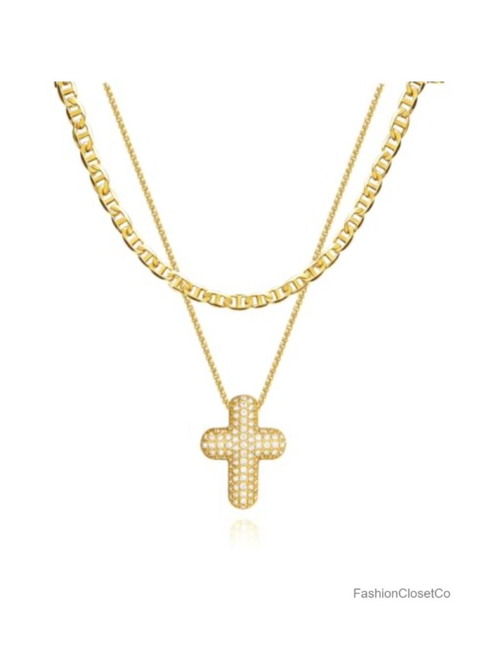 14k Gold Plated Cross Necklace Set with CZ Bubble Pendant